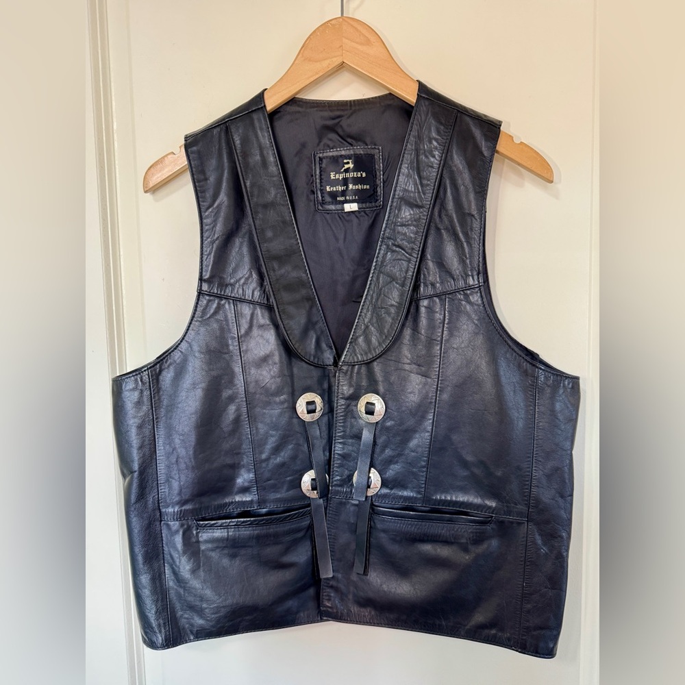 Vintage Espinoza’s Leather Fashion Western Biker Vest Black Concho Fringe L USA